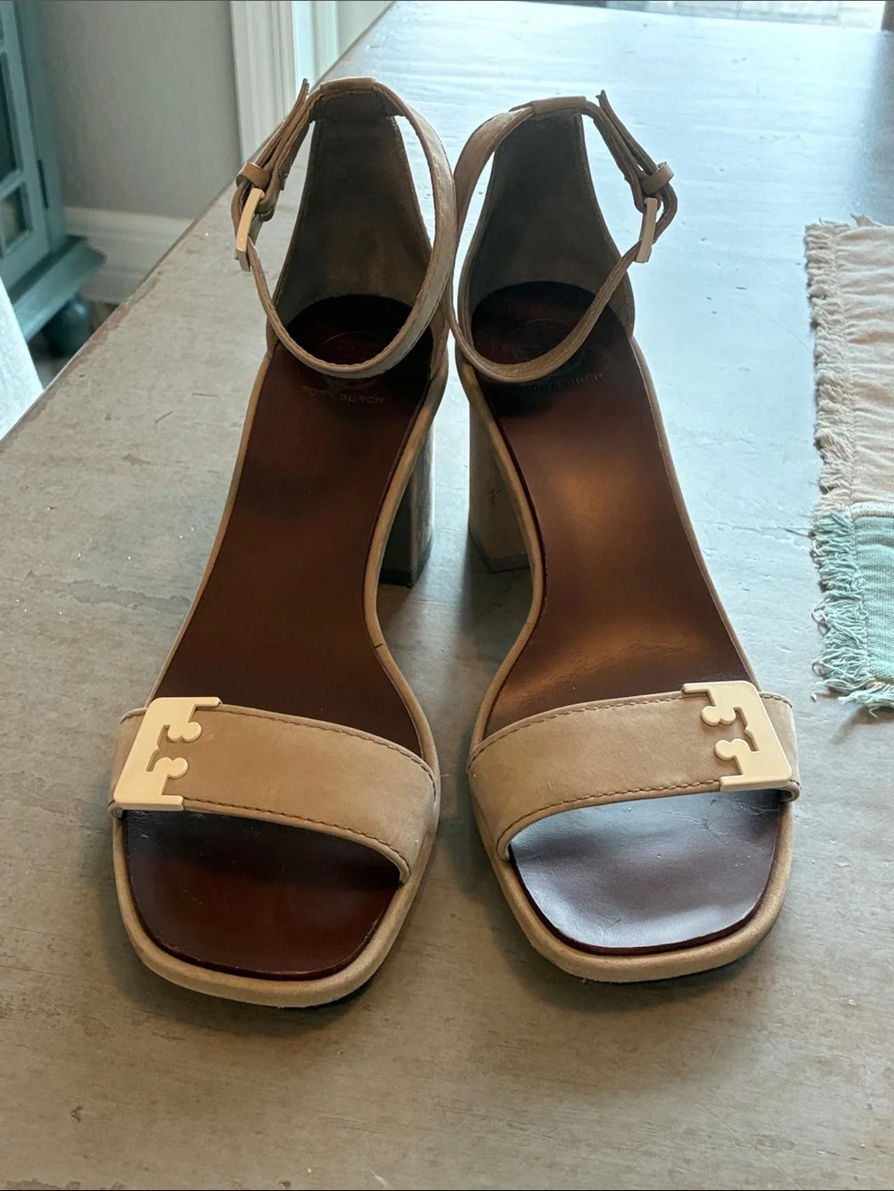 Tory Burch Taupe Suede Ankle-Strap Block Heel Sandals